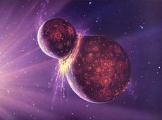 Artist's depiction of a collision between two planetary bodies. Such an impact between the Earth and a Mars-size object likely formed the moon.