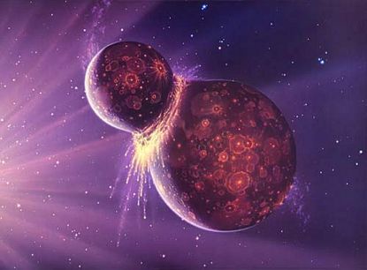 Artist's depiction of a collision between two planetary bodies. Such an impact between the Earth and a Mars-size object likely formed the moon.