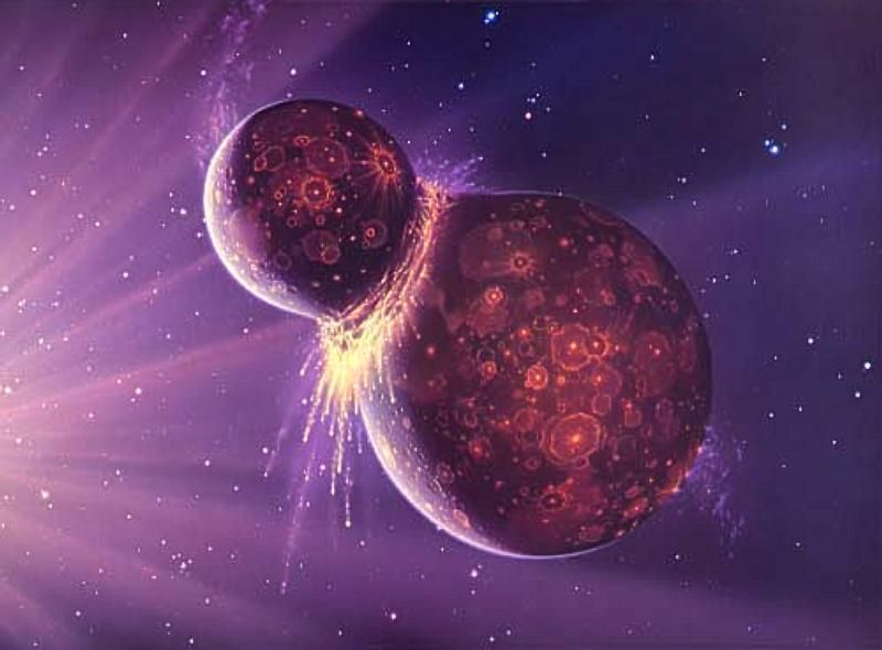 Artist&#039;s depiction of a collision between two planetary bodies. Such an impact between the Earth and a Mars-size object likely formed the moon.