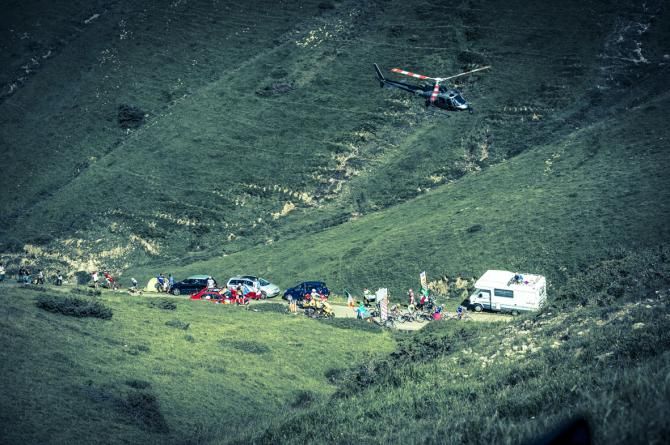 On the summit of the Port de Bales Vincenzo Nibali (Astana) climbs the final few Kilometres with the TV helicopter in hot pursuit.