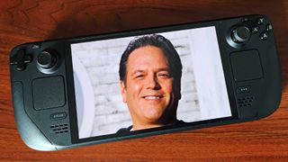 Steam Deck OLED with Xbox CEO Phil Spencer on screen