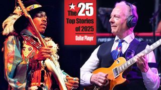 LEFT: Jimi Hendrix (1942-1970) performs live on stage playing a white Fender Stratocaster guitar with The Jimi Hendrix Experience at the Royal Albert Hall in London on 18th February 1969. RIGHT: Robert Fripp performing at Wickham Festival 2023.