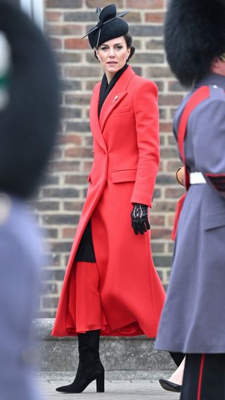 Catherine, Princess of Wales during a visit to the 1st Battalion Welsh Guards at Combermere Barracks for the St David’s Day Parade, with Prince William, Prince of Wales, on March 1, 2023 in Windsor, England.