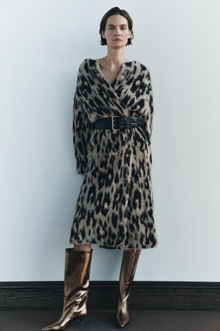 Animal Print Jacquard Knit Long Coat