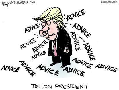 Political cartoon U.S. Trump presidency White House cabinet teflon