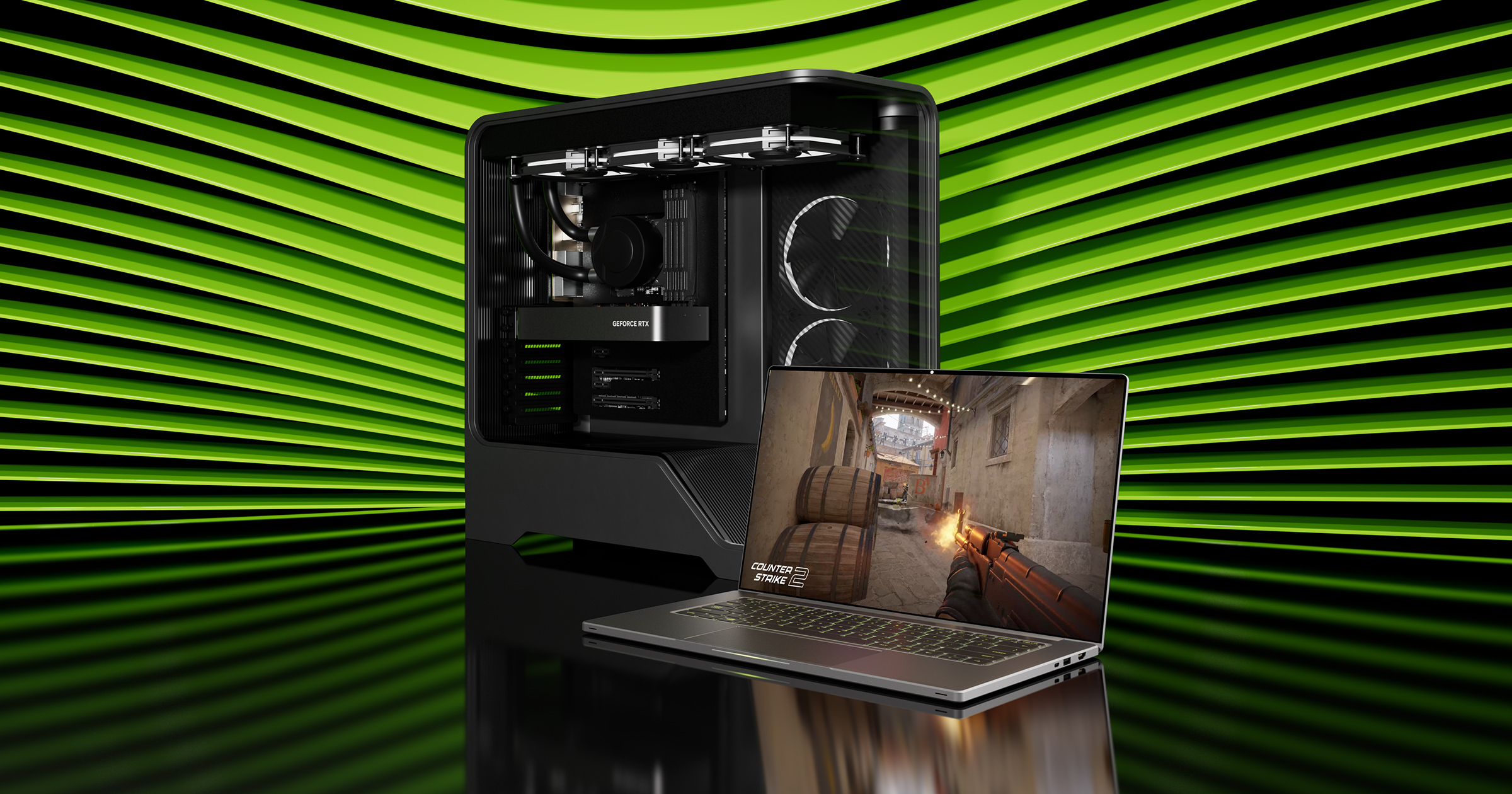 A PR image of a laptop and desktop equipped with a GeForce RTX 5050 GPU against a green and black background. 