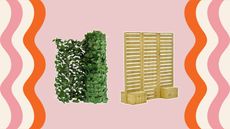 Home Depot backyard buys including privacy fences in wood and faux leaves on a pink, orange and cream wavy background