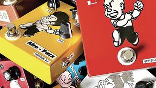 A close up of various stompboxes from Dirty Boy.