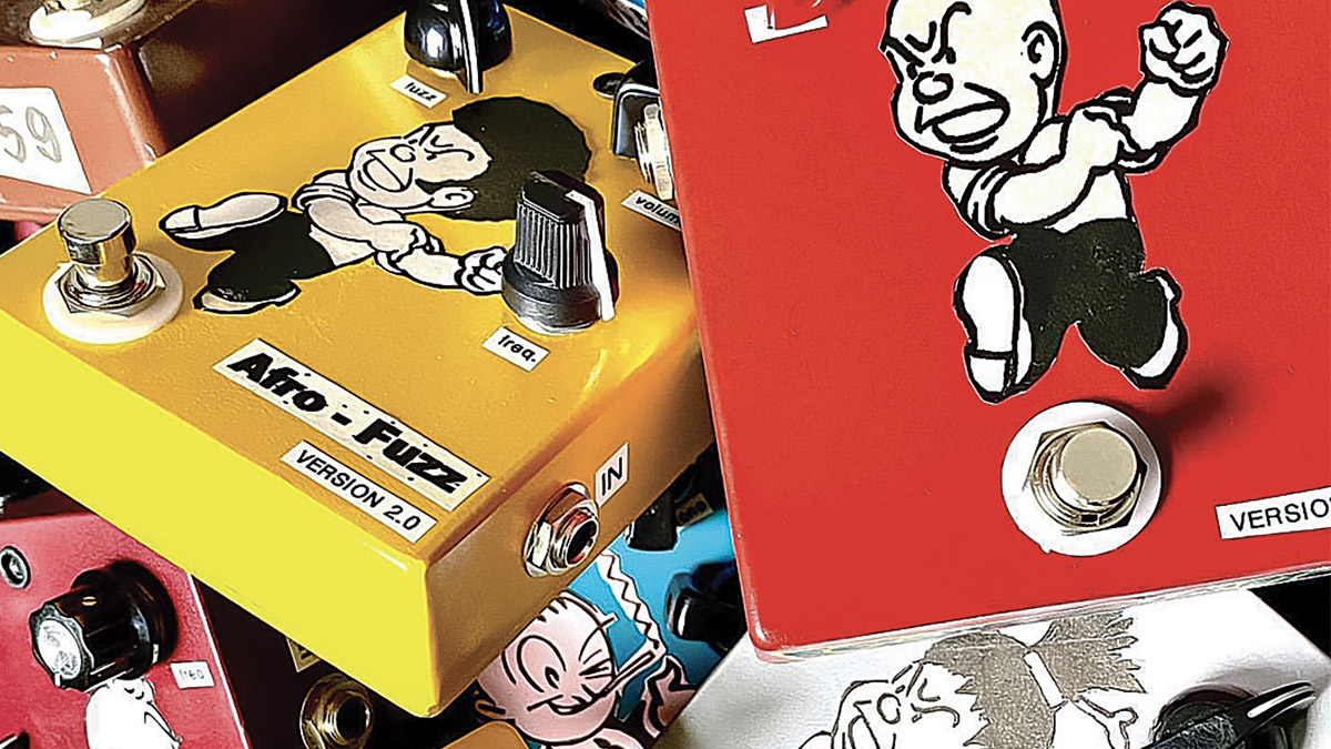 A close up of various stompboxes from Dirty Boy.