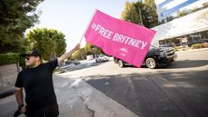 A Britney Spears supporter waves a flag in West Hollywood, California, in 2021. 