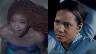 Left: Halle Bailey as Ariel singing in The Little Mermaid. Right: Halle Berry on a spaceship in Moonfall.