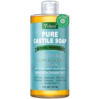 Clear plastic bottle with blue label tha treads Yoken Pure Castile Liquid Soap Organic (ewg Verified, Unscented, 8 Oz), Made With Organic Oils, No Added Fragrance, Vegan, Castile Soap Liquid for Face, Laundry, Dishes, Sensitive Skin, Travel Soap