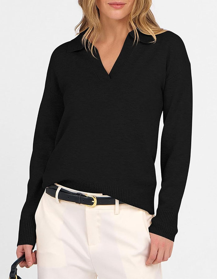 Anrabess Womens Polo V Neck Long Sleeve Sweaters Lightweight Dressy Casual Business Basic Knit Pullover Top 2025 Fall Outfits Black Medium