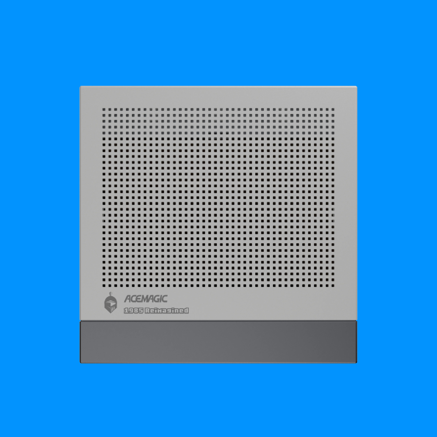 An AceMagic Retro X5 mini PC on a blue background.