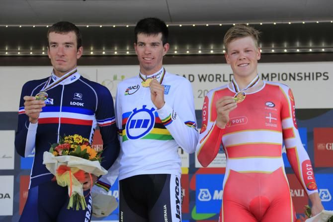2013 U23 men's TT world championship podium (L-R): Yoann Paillot (France), Damien Howson (Australia) and Lasse Norman Hansen (Denmark)