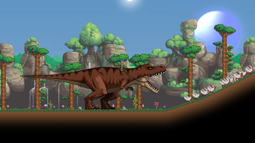 A player character&#039;s t-rex mount roars at a bunch of chickens in Planet Centauri.