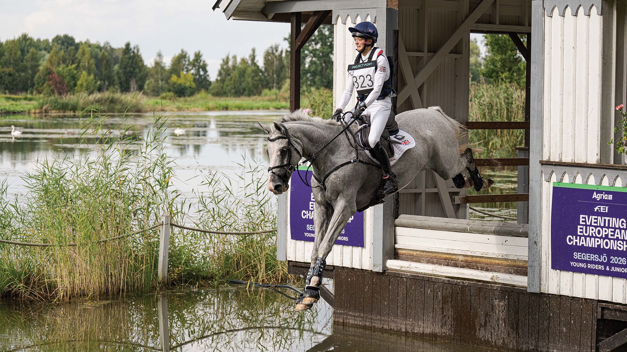 A grey event horse jumps out of a boat house into a lake on the cross-country course at the Young Rider European Eventing Championships