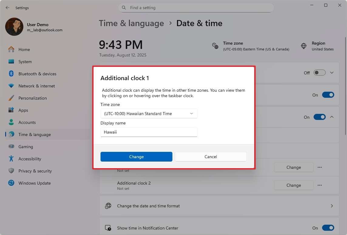 Settings Additional clocks configuration