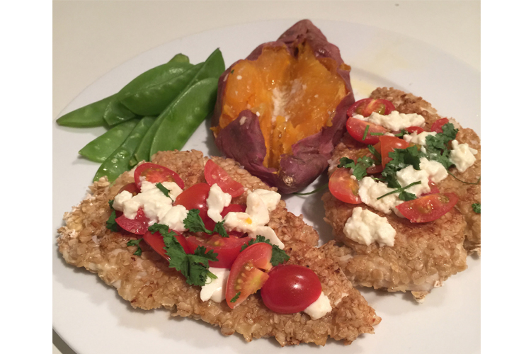 Oat covered chicken with feta cheese