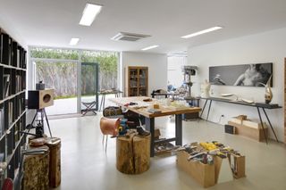 South Korean rounded house's workshop space looking out to the countryside