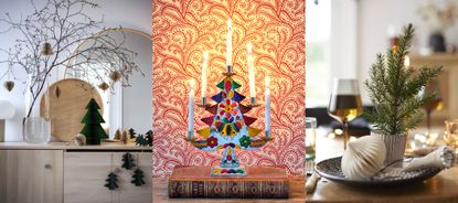Three examples of christmas tabletop tree ideas, minimalist christmas decor, christmas tree candle, small christmas tree on dining table