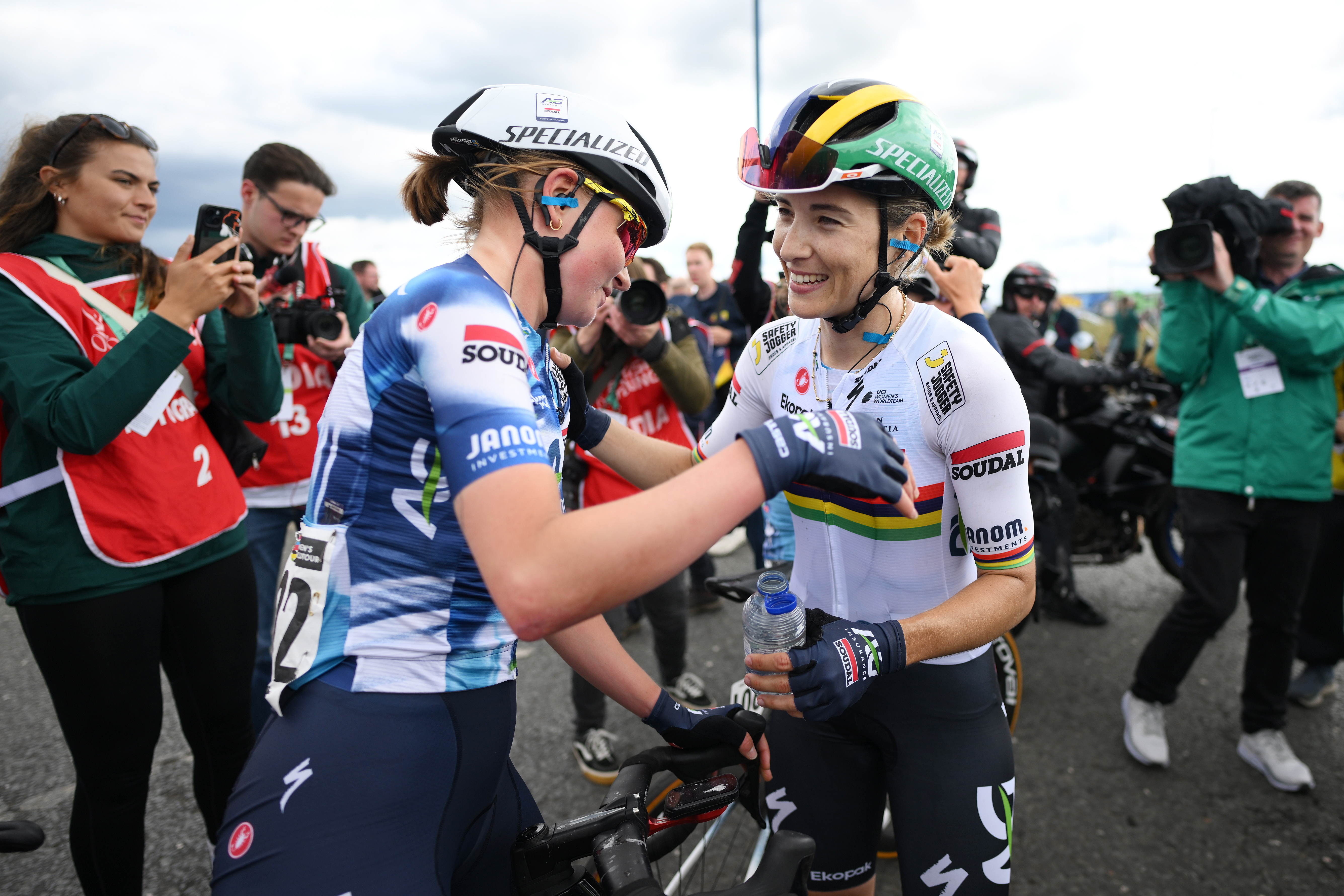 REDCAR, ENGLAND - JUNE 05:( L-R) Julia Borgstrom of Sweden and stage winner Kimberley Le Court Pienaar of Mauritius and Team AG Insurance - Soudal react after the 10th Tour of Britain Women 2025, Stage 1 a 81.7km stage from Dalby Forest to Redcar / #UCIWWT / on June 05, 2025 in Redcar, England. (Photo by Alex Broadway/Getty Images)