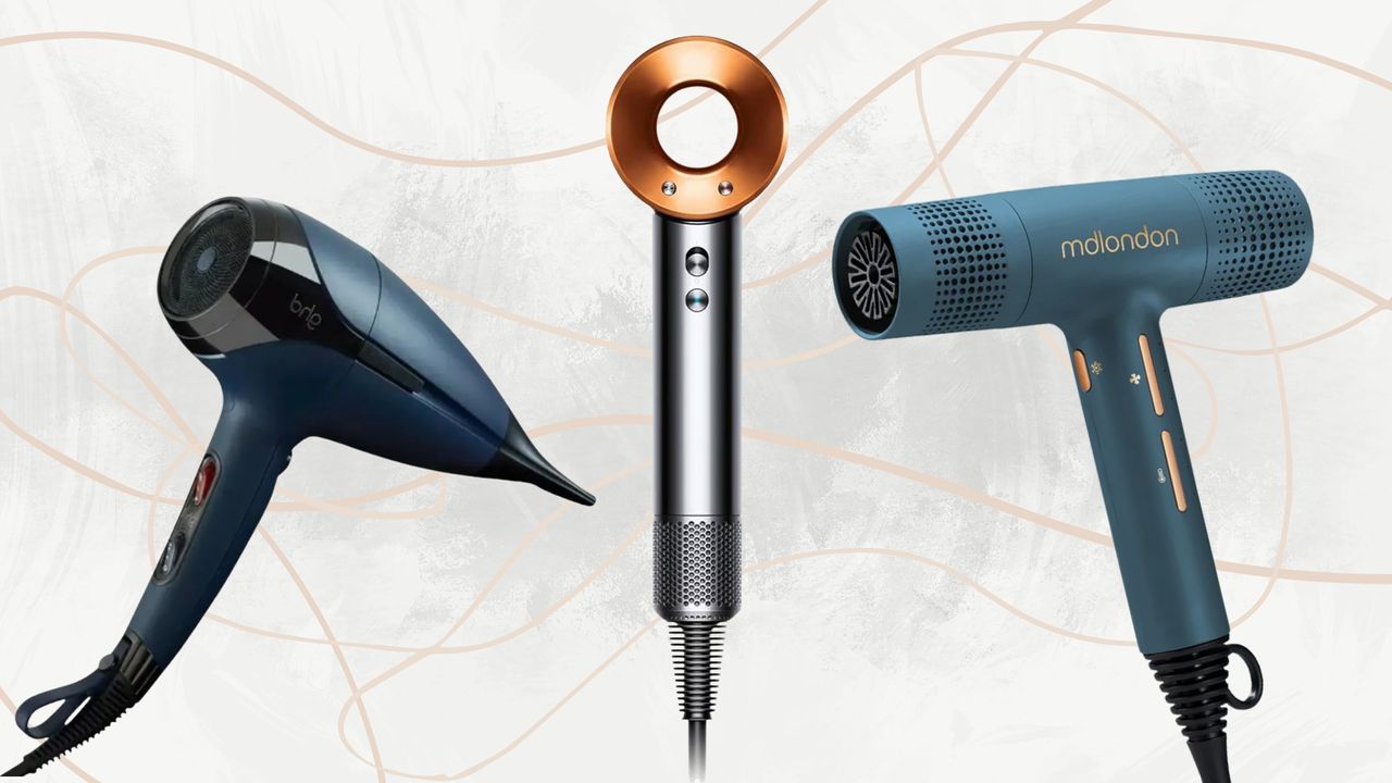 Collage of the best hair dryers (from ghd, Dyson and mdlondon) on a white marble background with beige and pink swirls