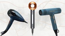 Collage of the best hair dryers (from ghd, Dyson and mdlondon) on a white marble background with beige and pink swirls