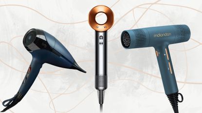 Collage of the best hair dryers (from ghd, Dyson and mdlondon) on a white marble background with beige and pink swirls