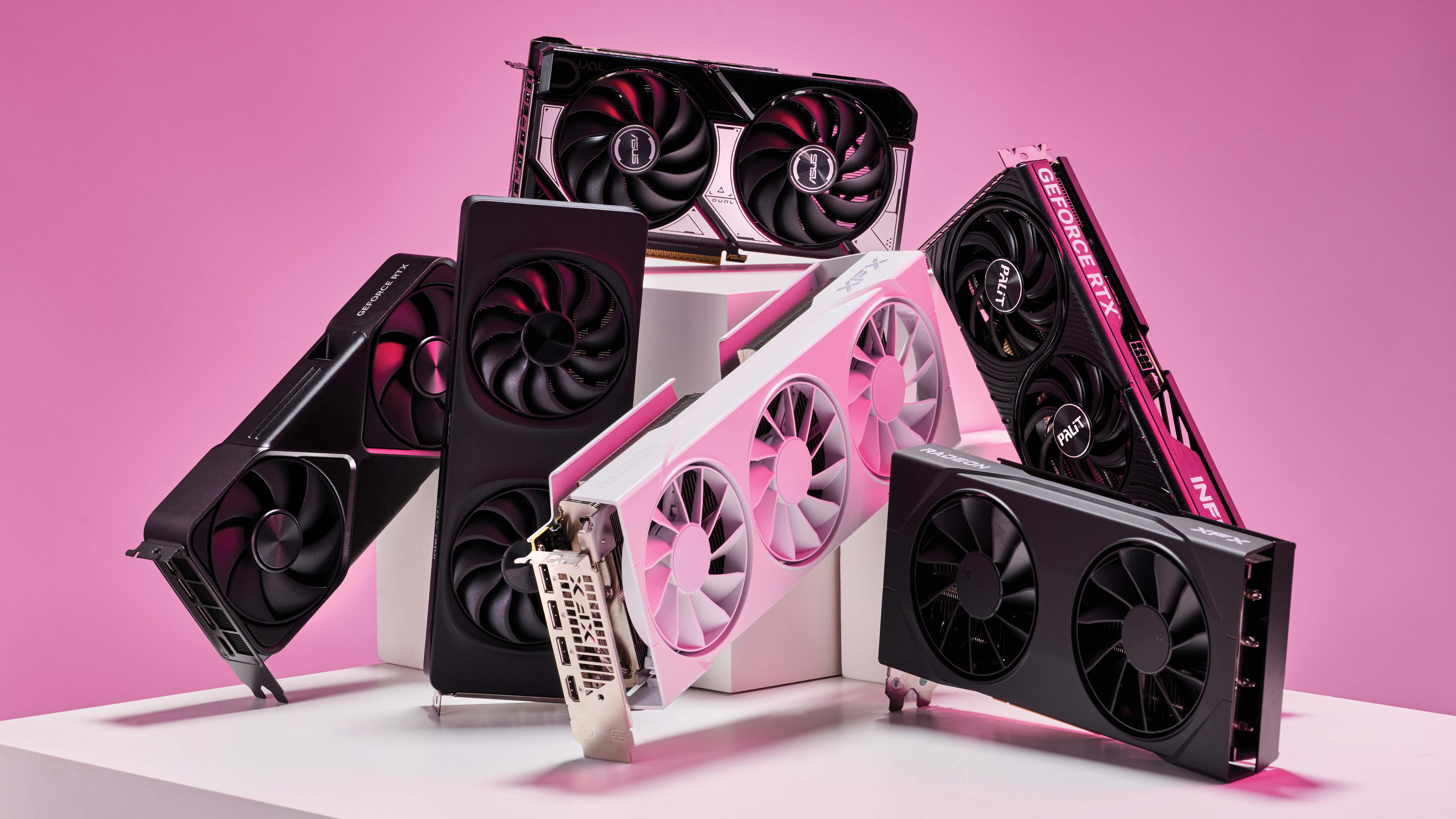 Selection of graphics cards on a pink background