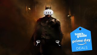 Doctored image of Batman wearing a Meta Quest 3 headset and holding Meta controllers with Prime Day deal badge overlaid.