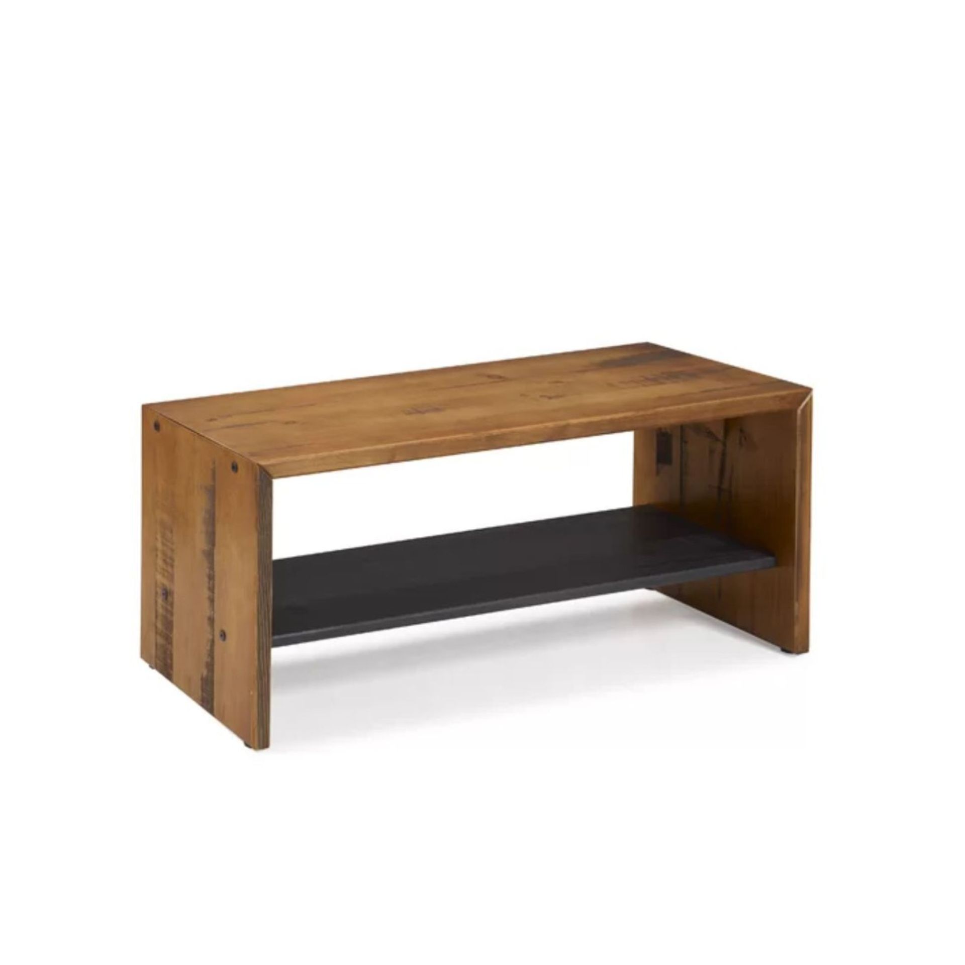 Bangku penyimpanan kayu dengan rak hitam