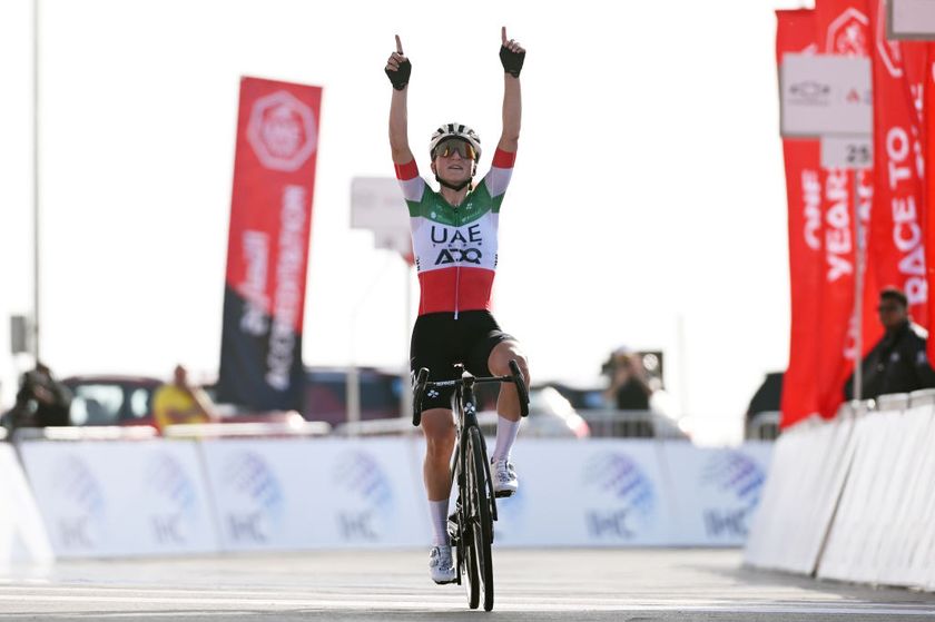 JEBEL HAFEET UNITED ARAB EMIRATES FEBRUARY 08 Elisa Longo Borghini of Italy and UAE Team ADQ celebrates at finish line as stage winner during the 3rd UAE Tour Women Stage 3 a 152km stage from Al Ain Qasr Al Muwaiji to Jebel Hafeet 1031m UCIWWT on February 08 2025 in Jebel Hafeet United Arab Emirates Photo by Tim de WaeleGetty Images