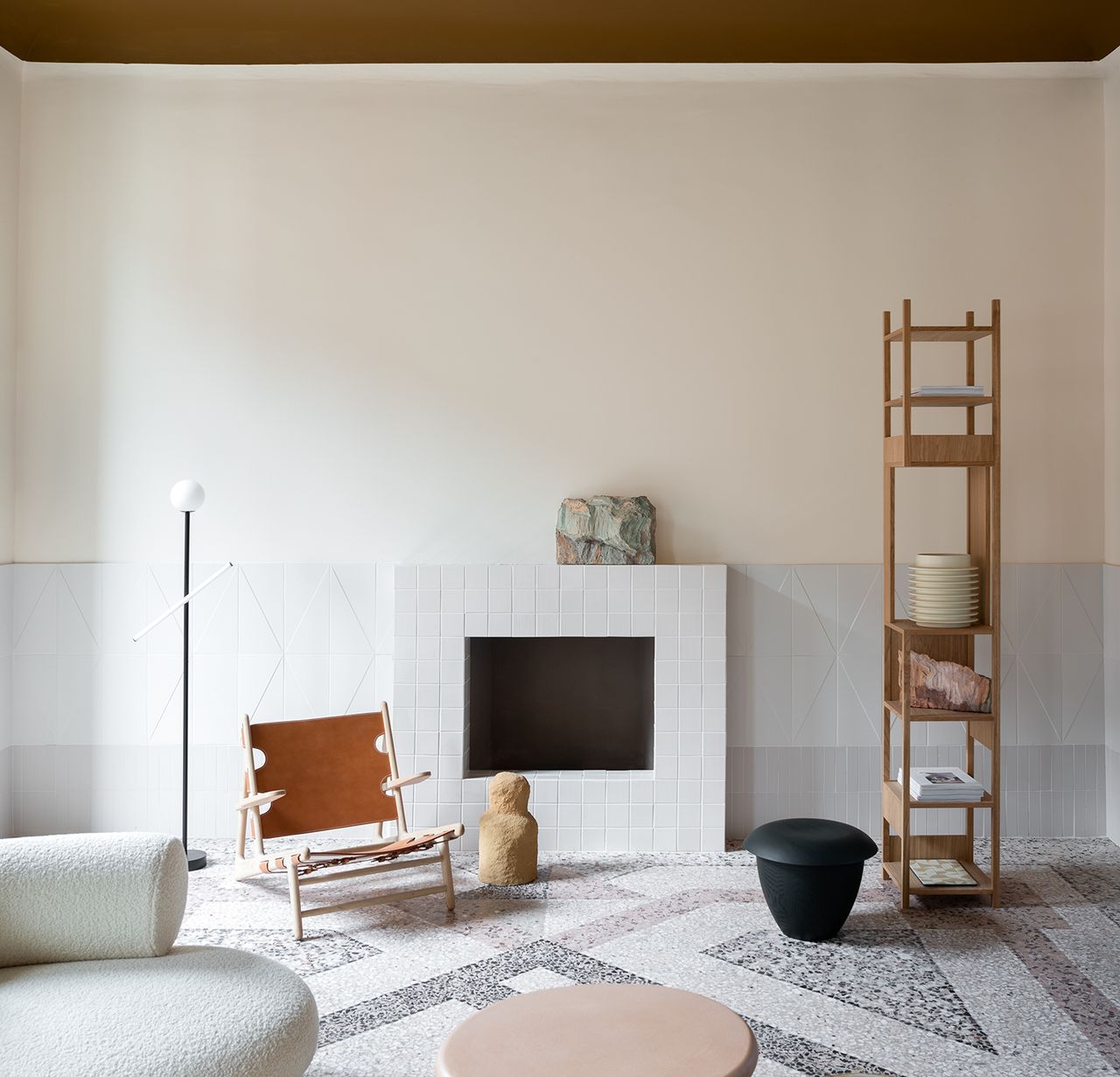 neutral living room with beige color palette and brown ceiling