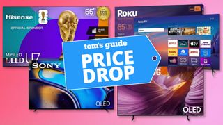 Collage of TV deals from Hisense, Sony, Roku, and Samsung