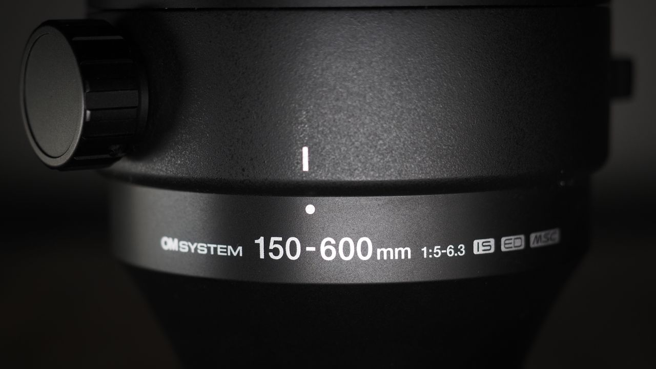 OM System M.Zuiko 150-600mm f/5.0-6.3 IS lens, mounted to an OM System OM-1 Mark II, on a wooden surface lit with moody lighting