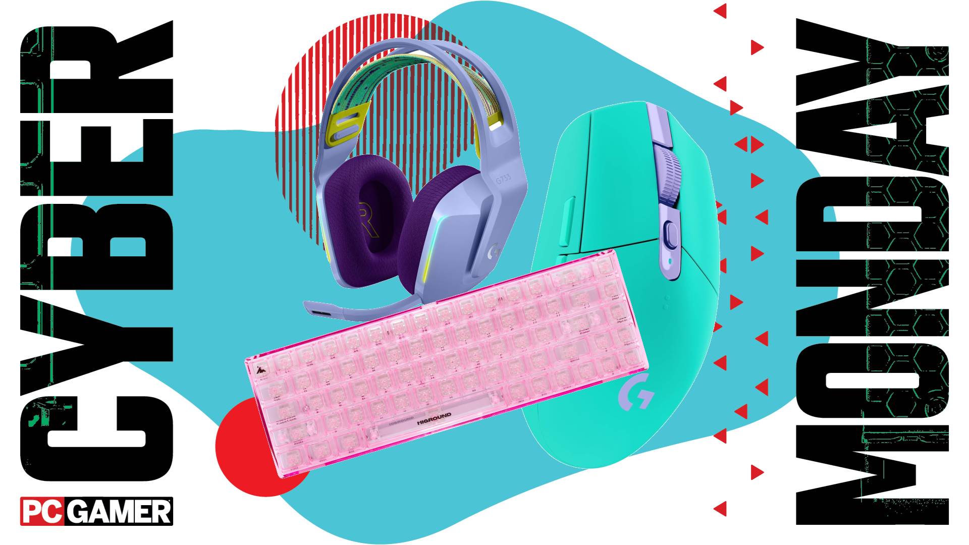 Logitech products and Higround keyboard against a Cyber Monday deals graphics