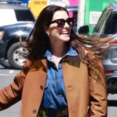Anne Hathaway wears wide-leg jeans in New York City