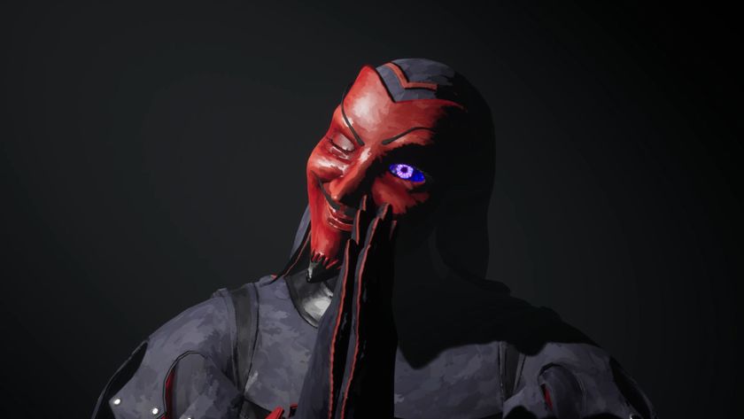 A devilish figure in a red mask with one eye open