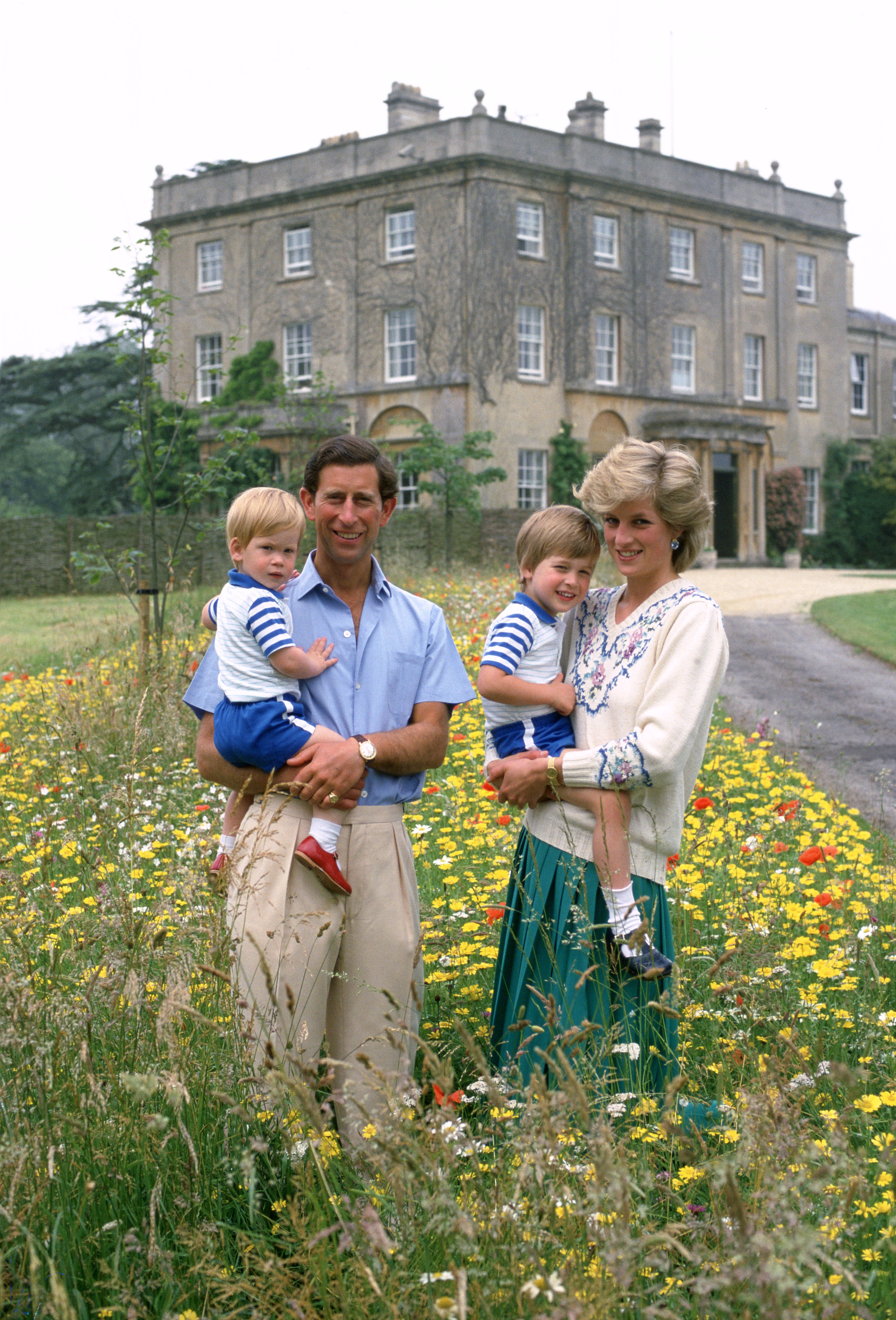 Prince Charles and Princess Diana in a field of flowers holding Harry and William