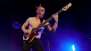 Ryan Martinie of Mudvayne performs on a stop of the Freaks on Parade tour at Michelob ULTRA Arena on August 13, 2022 in Las Vegas, Nevada.