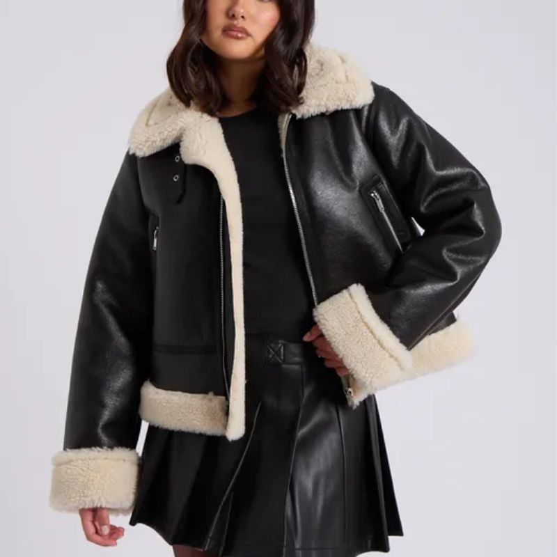 shearling-trimmed leather jacket