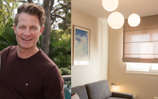 A split screen of Nate Berkus (left) and a living room with roman blinds (right)
