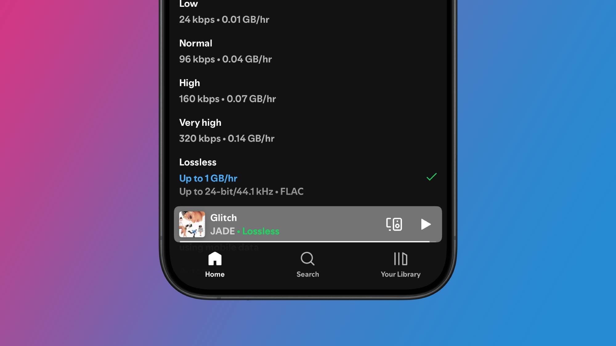 A screenshot of Spotify Lossless in audio settings, showing how much data it uses