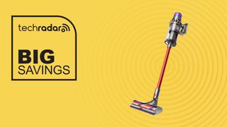 Dyson Outsize Origin cordless vacuum on yellow background with big savings text overlay