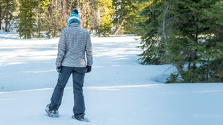 A woman snowshoes in a forest in Utah