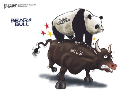 Political Cartoon U.S. Trump China Trade fight Wall street bull economics tariffs