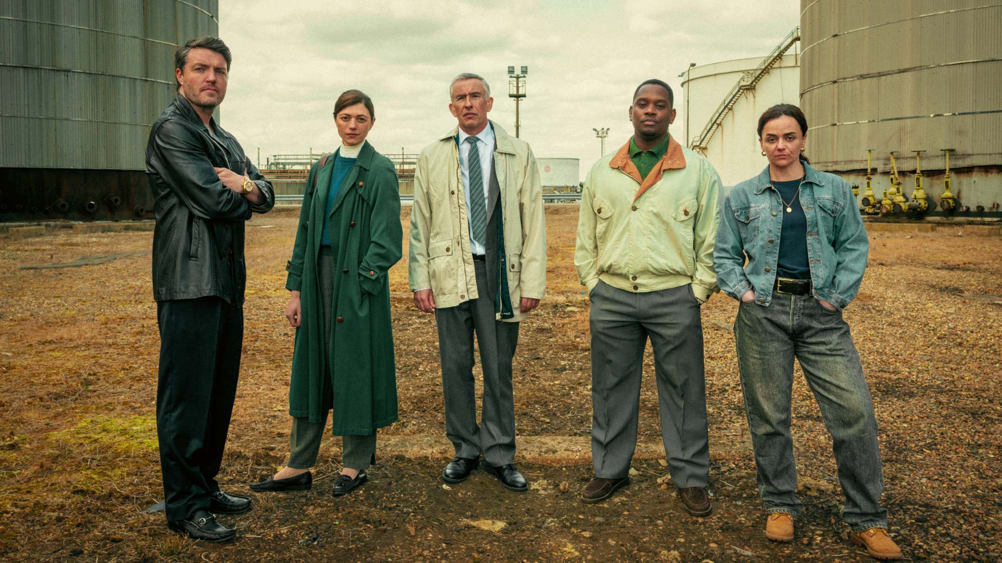 (L to R) Tom Burke as Guy, Jasmine Blackborow as Erin, Steve Coogan as Don, Aml Ameen as Bailey, Hayley Squires as Kate, in Legends