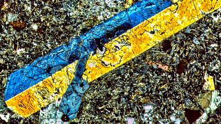 This magnified image of the core sample shows a blue-yellow crystal known as titanium-augite, which is surrounded by minerals such as feldspars, phlogopite, spinel, perovskite and apatite. This bouquet indicates that this chunk of lava came from a mantle source rich in water.