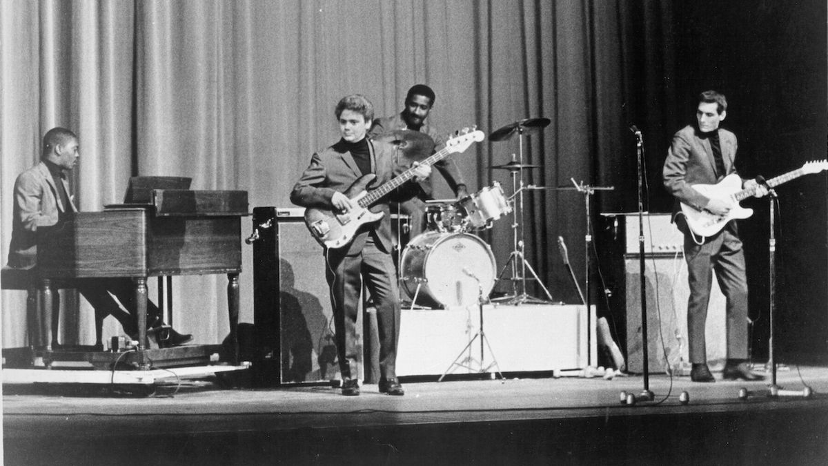 AUGUST 1962: (L-R) Booker T. Jones on the organ, bassist Donald &#039;Duck&#039; Dunn, drummer Al Jackson and guitarist Steve Cropper of the R&amp;B band Booker T. &amp; The M.G.&#039;s perform onstage in August 1962